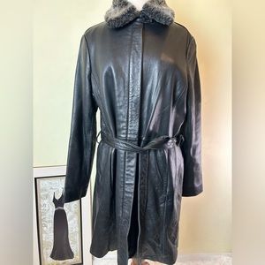 Nicole miller Trench Coat Jacket Women Size XL Black Genuine Leather Belted Fur